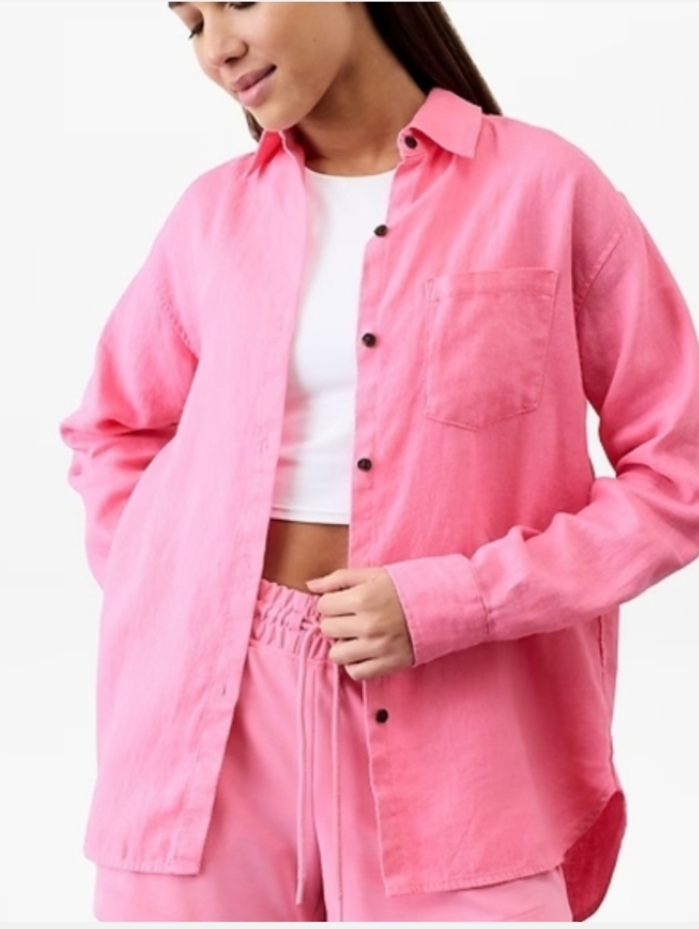 Athleta Retreat Linen Button Up Shirt Pink Raphanus Size XSmall Summer 25